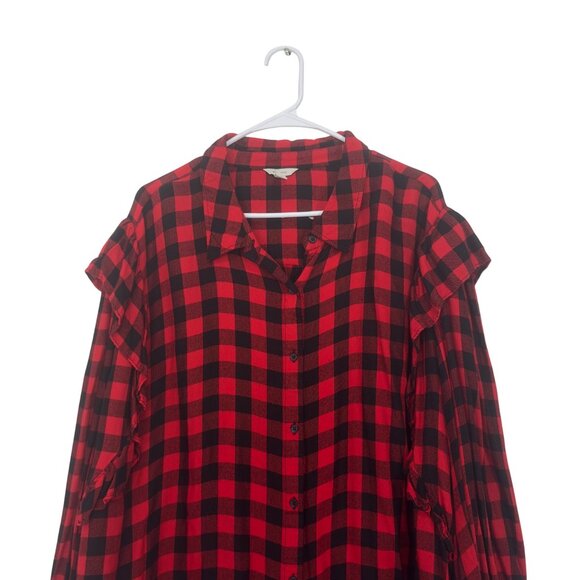 Cato Red & Black Plaid Button-Up Shirt With Ruffle Sleeves Womens Size 26/28W - Picture 8 of 12